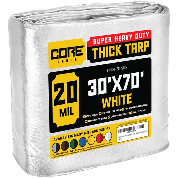 Core Tarps 30 ft x 70 ft Heavy Duty 20 Mil Tarp, White, Polyethylene, Waterproof, Rip and Tear Proof CT-704-30X70